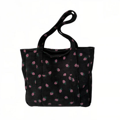 Sac cabas velours motif fraise noir — vue de face sur fond blanc