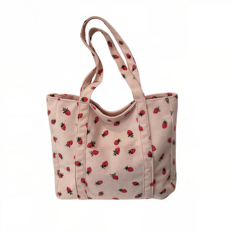 Sac cabas velours motif fraise rose — vue de face sur fond blanc